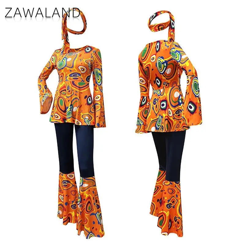 Zawaland 여성용 디스코 원피스 세트, 힙합 코스프레 코스튬, 여성 패션, 꽃 인쇄 상의 바지, 패치워크 세트 의류