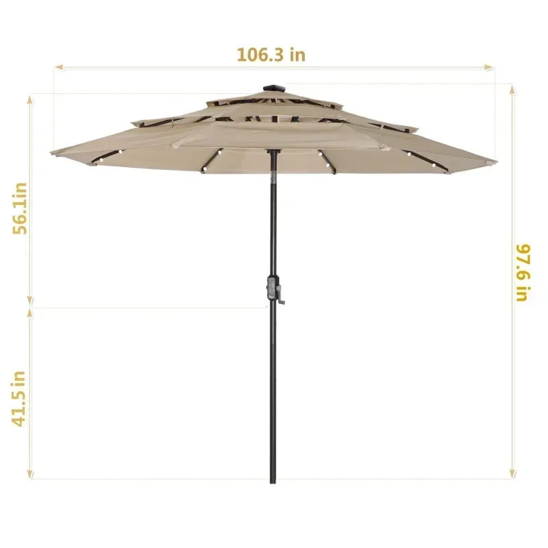 

-3 Tiers 8 Ribs Outdoor Umbrella Patio Table Umbrella With 32 LED Lights&Push Button Tilt Crank Beige