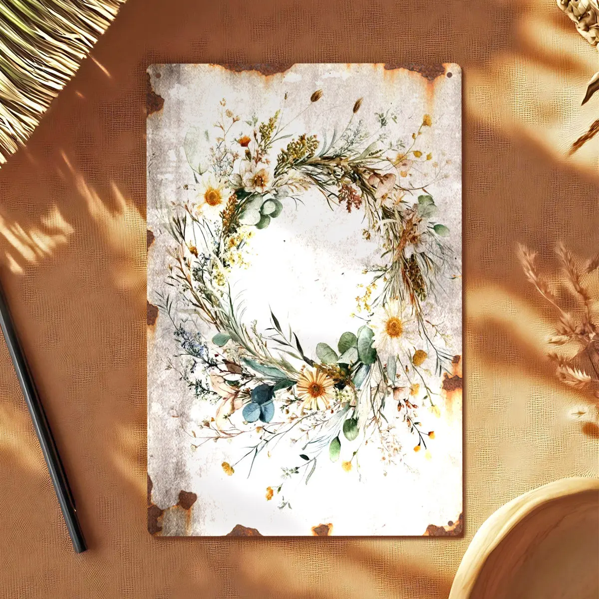 2D Flat - 1pc of a Floral Wreath Metal Sign, Flat And Two-Dimensional, Measuring 8 by 30.48 Cm Or 20 by 30 Centimeters, Featu