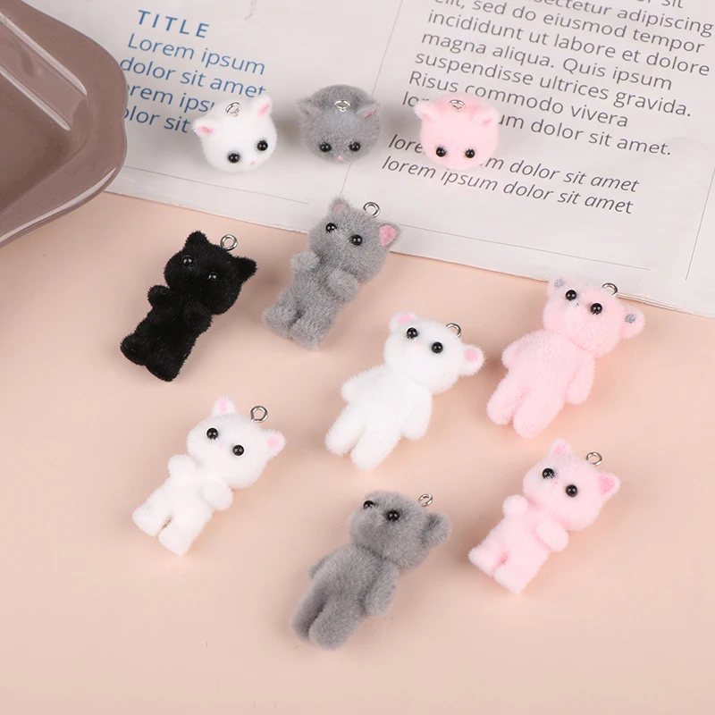 2PCS Cat Bear Pendant Kawaii 3D Fluffy Flocking Charms Miniature Dolls Keychain Necklace Pendant DIY Crafts Jewelry Make