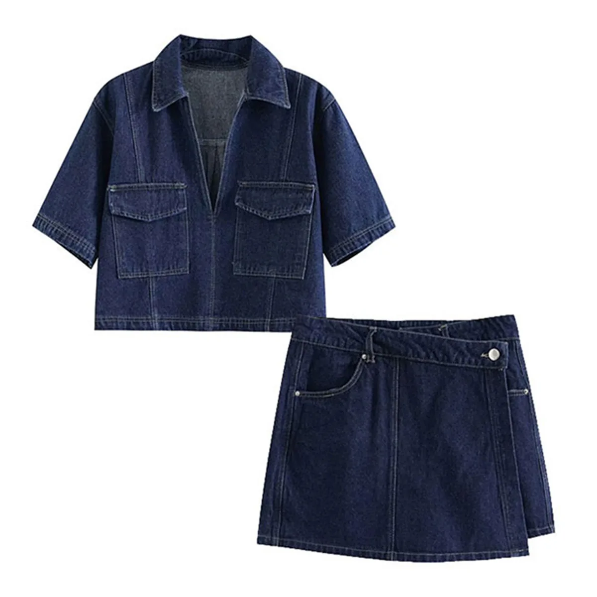 2024 Women\'s Fashion Flip Pocket Decoration Short Flip Collar Slim fit denim Top + Asymmetric Denim Skirt High Waist 2 Piece Set