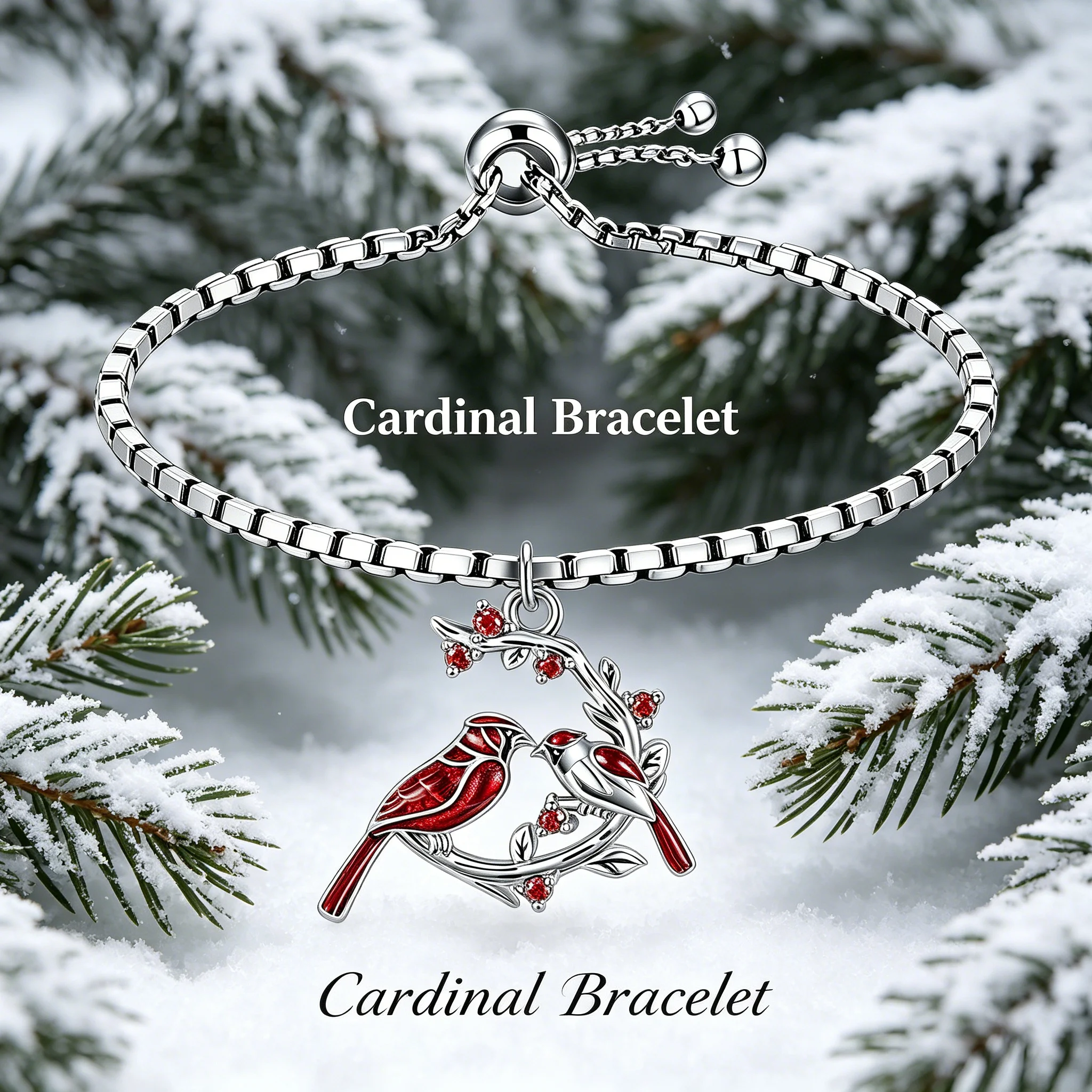 Red Cardinal Bird Adjustable Charm Bracelet Silver Tone Branch Inlay Nature Bird Lover Spiritual Memorial Women Jewelry Gift