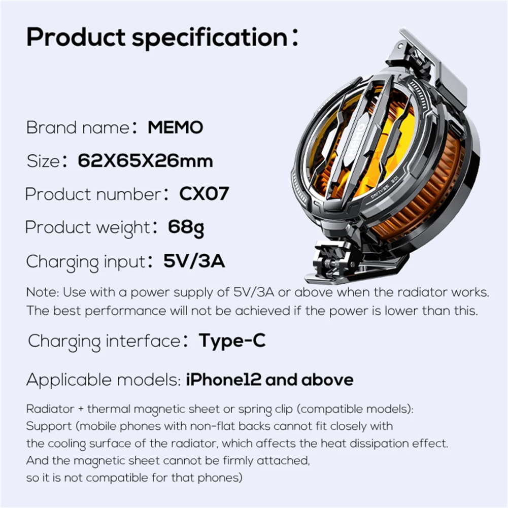 CX07 Cell Phone Cooler Mobile Phone Magnetic Radiator Cooling Fan 15W Semiconductor Radiator Gaming Accessories