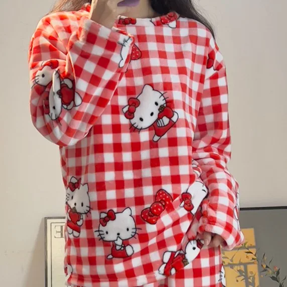 Sanrio Hello Kitty winter new pajamas women\'s thickened fleece coral fleece cartoon cute suit loungewear