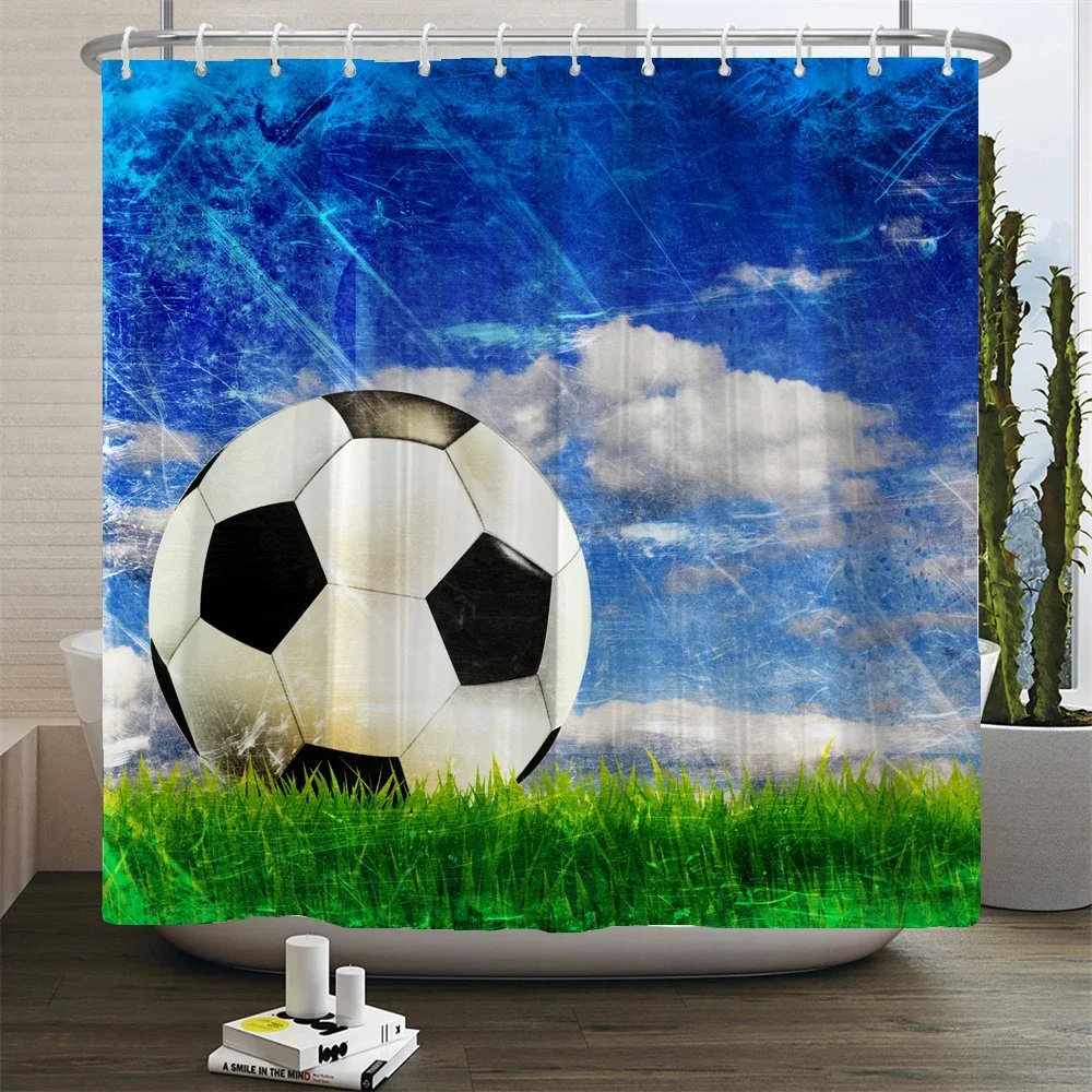 Football Shower Curtain Sports Style Print Bathroom Partition Curtains with Hooks Waterproof Polyester Fabric Bathtub Screen