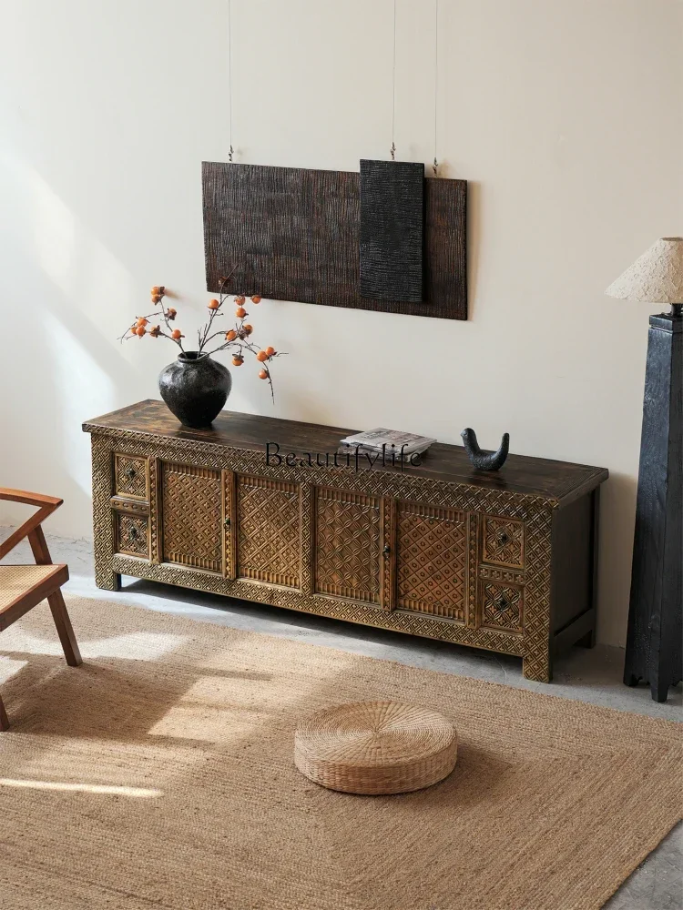 

LXAntique carved TV cabinet, storage side cabinet, old retro solid wood folk customs