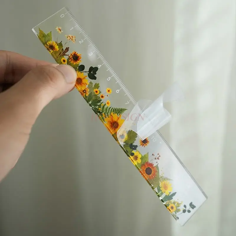 1pcs Simple Flowers and Plants Acrylic Ruler Booklet Student Stationery Straightedge Measurement Text