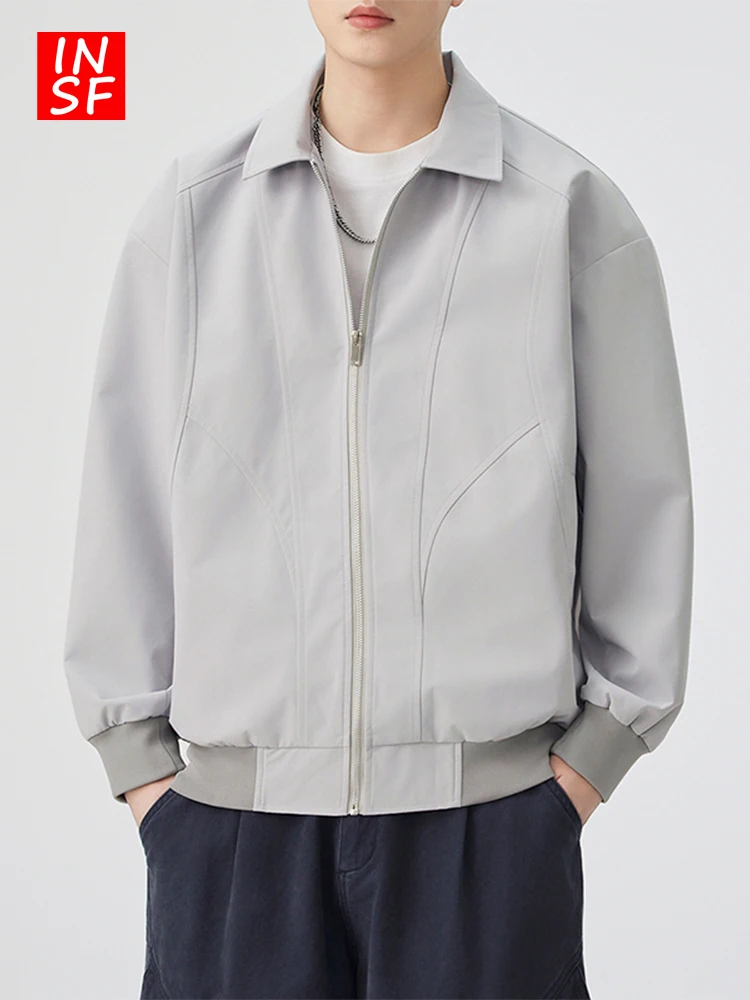 

Loose Fit American Collar Jaet Men's Long Sve Zipper Casual Sle Workwear Trendy Outerwear Breathable Polyester Fiber