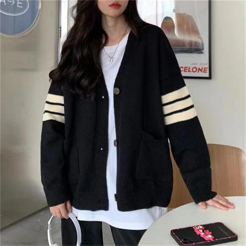 

2026 Korean Style Black Cardigan Women Japanese Harajuku Fashion Knitted Autumn Sweater Preppy Striped Knitwear Oversized