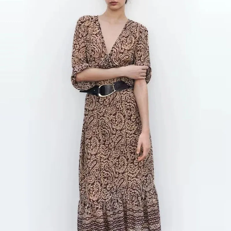 Primavera 2025 feminino rua sle midi dr v-ne em camadas decoração impressão casual faion fibra de poliéster 00% nova chegada