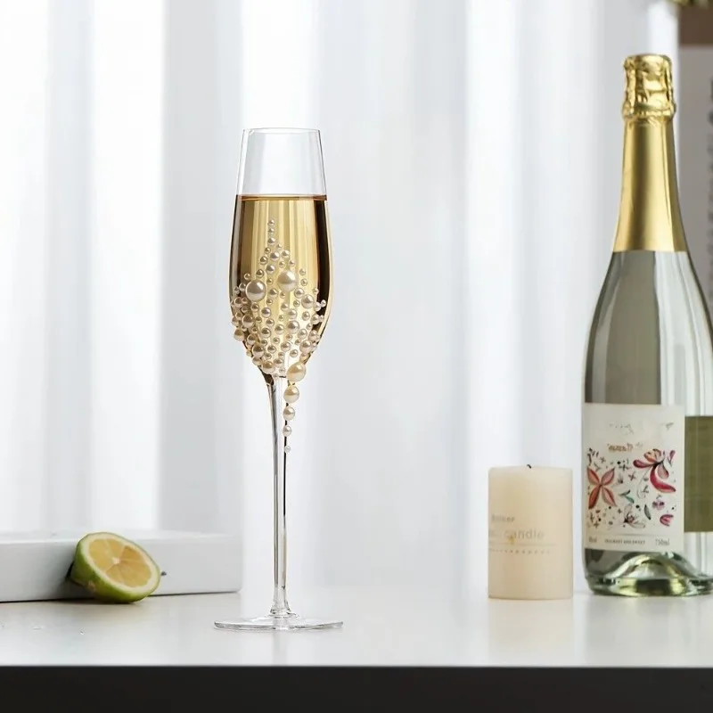 2PCS New Relief Flute Champagne Glass Light Luxury Crystal Glass -With Pearl Embellishment Suitable for Couples' Wedding Gifts
