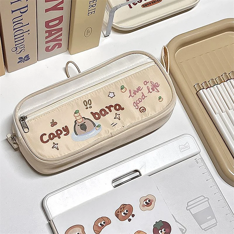 Fashion Kawaii Cartoon Capybara Cat Zipper Cosmetic Bags Cute Print Design Large Capacity Pen Bags Students Cute Makeup Bags