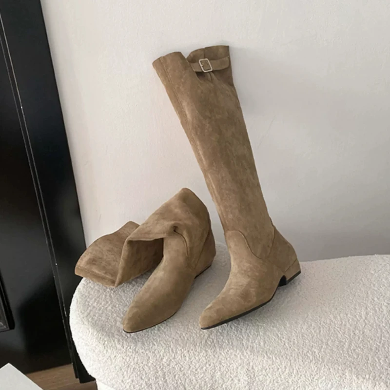 

2025 НОВЫЕ женские высокие сапоги с острым носком, замшевые дизайнерские модные платья, зимние сапоги до колена, новые сексуальные ботинки