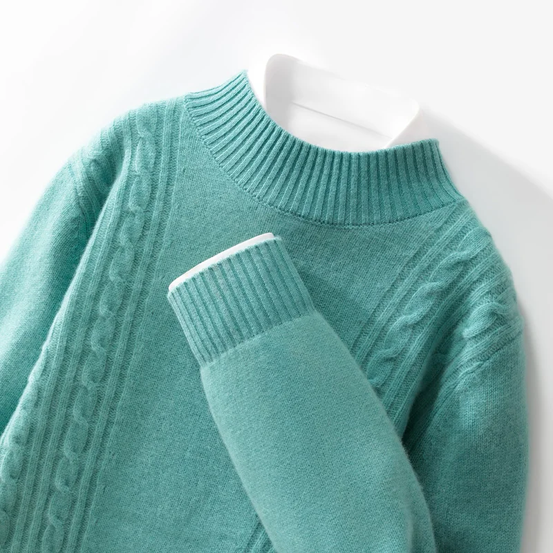 

Winter Men's Thick 100% Pure Wool Semi-High Neck Twist Long-Sleeved Sweater Loose Cashmere Sweater Bottoming Coat