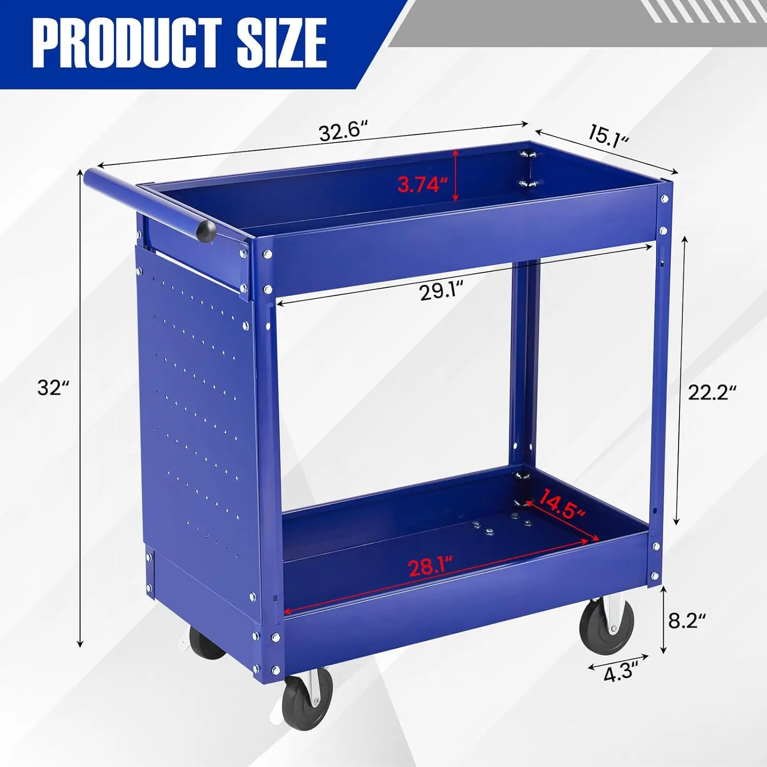 2 Tier Metal Utility Cart Heavy Duty Utility Cart On Wheels Rolling Tool Cart,Tool Storage Organizer for Garage Warehouse