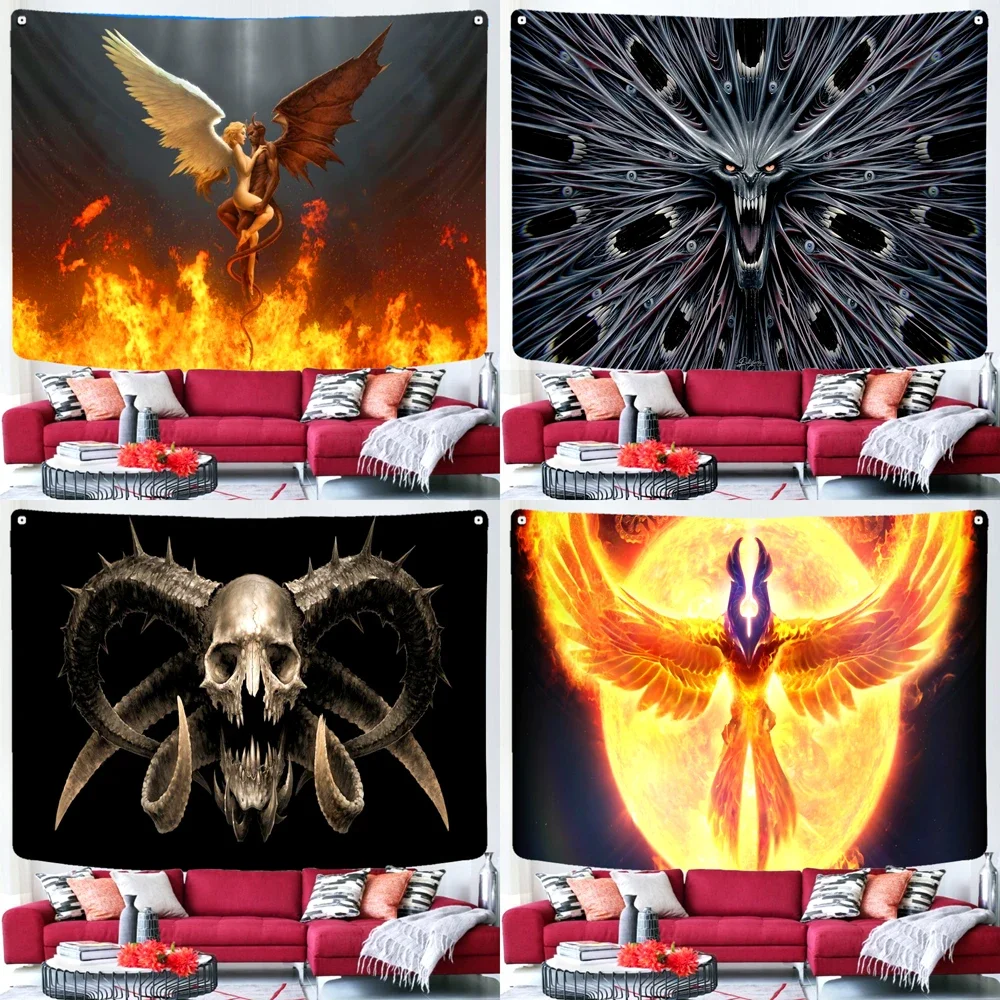 Skull Psychedelic Halloween Decoration Dorm Angel Devil Tapestry Anime Hell Wall Hanging Witchcraft  large fabric wall tapestry