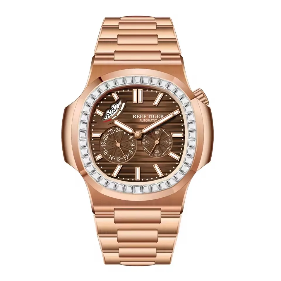 Reef Tiger Men Automatic Watch 44mm Square Mechanical Wristwatch Sapphire Luminous Multi-dial Date 24 Hours