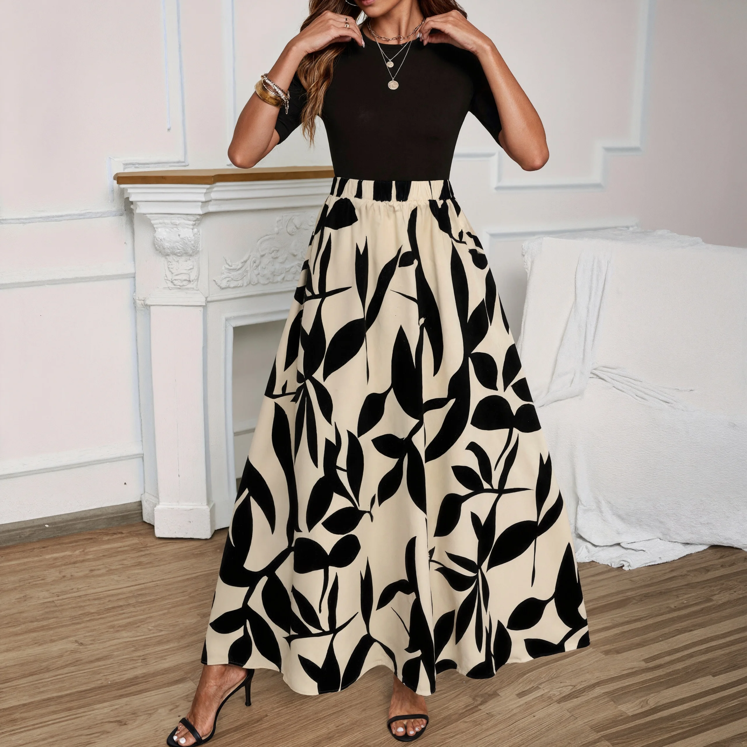 Falda larga con estampado de hojas bohemias para mujer, faldas largas elásticas de cintura alta, informales, para vacaciones en la playa, corte en A, elegante, fluida