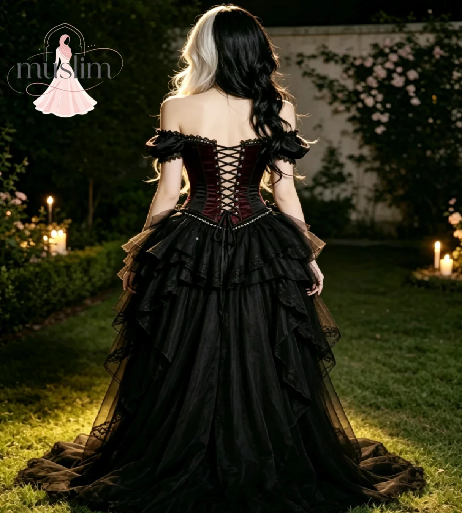 Off Shoulder Gothic Corset Prom Dress Victorian Hi Low Halloween Costume Evening Gowns Burgundy Black 3D Rose Florals Formal