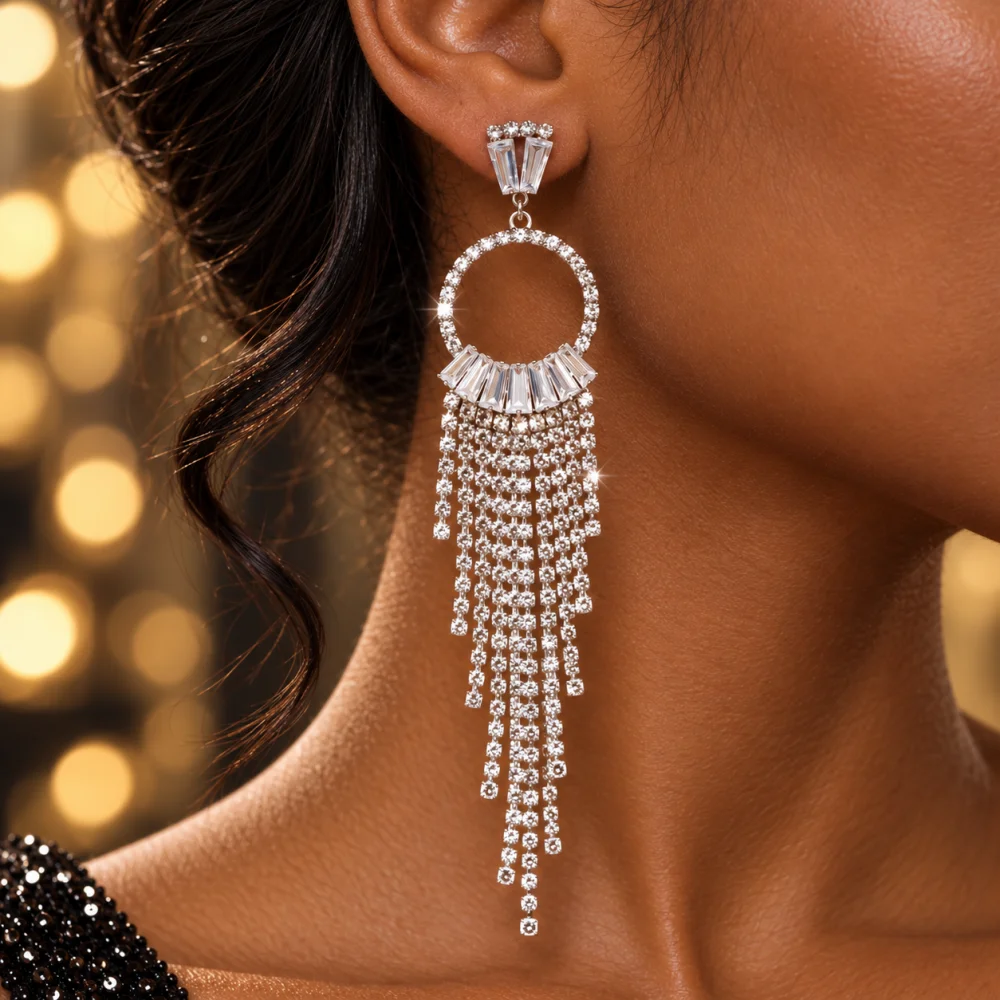 14K Gold Plated Dainty Circle CZ Tassel Dangle Earrings for Women Sparkly Long Fringe Earring Party Evening Fashion Jewelry Gift