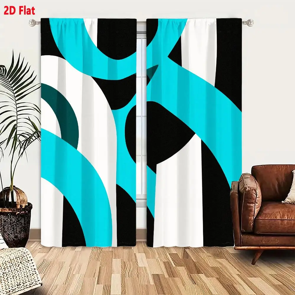 2Pcs Curtains 2D Flat Abstract Geometric Artwork With Smooth Curved Shapes In Bright Cyan Blue White And Solid Black Window Drap