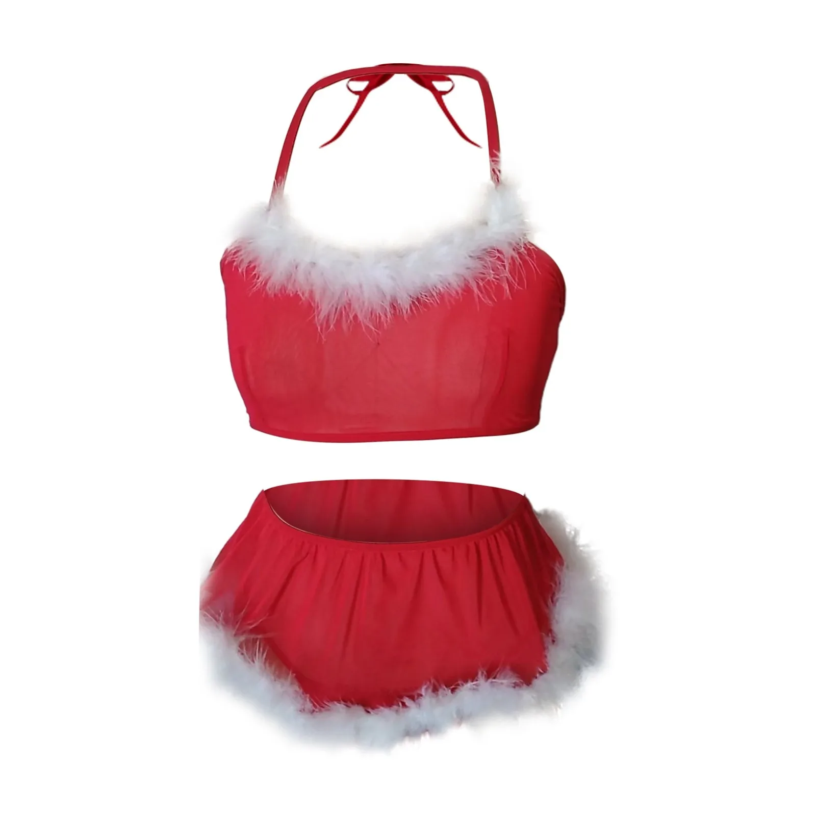 Christmas Lingerie Set Red Exotic Underwear Sexy Halter Lace Up Backless Bralette+Panties Porn Transparent Santa Cosplay Costume