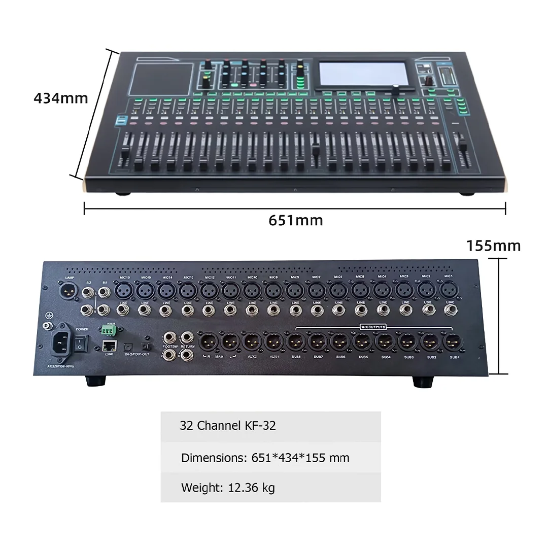 KF-32  32 Channel 8 Group Professional Audio Mixing Console Digital Sound Mixer Console with 7-inch Touchscreen Display USB