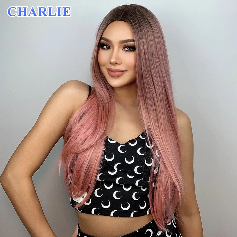 Ombre Brown to Pink Wig for Women Synthetic Natural Straight Long Wigs Heat Resistant Fiber Cosplay Party Fashion Hair Wig