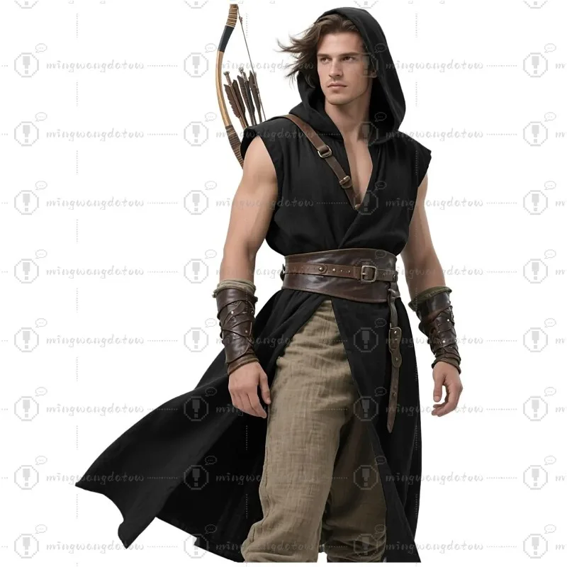 

Men's Medieval Hooded Surcoat Renaissance Tabard Sleeveless Tunic Cloak Viking Costume Holloween Assassin Cosplay