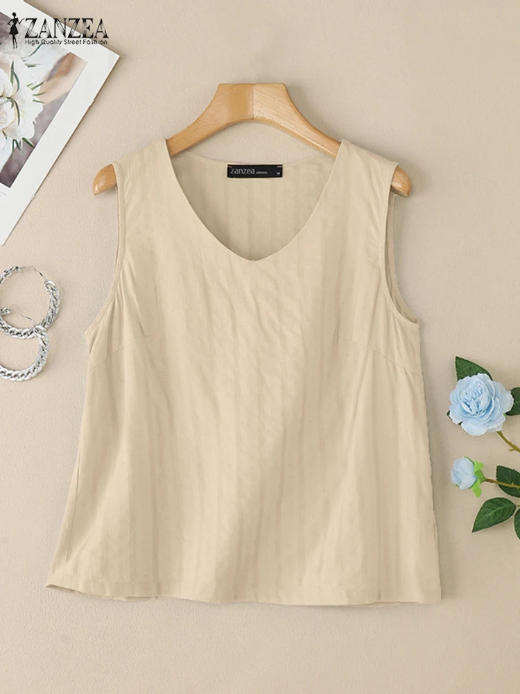 

ZANZEA Day Wear, топы с v-образным вырезом, женские летние однотонные повседневные футболки без рукавов 2024, топы на бретелях из смеси хлопка с вышивкой