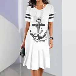 2024 New Women's Dresses Anchor Print Summer Elegant Dress Midi Female Short Sleeve Dresses Fashion Oversized Clothes