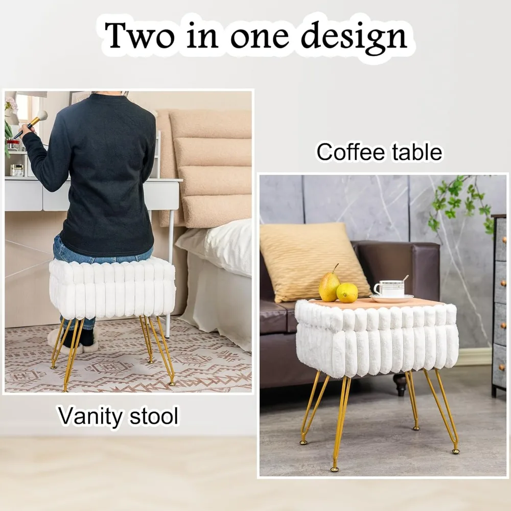 Белый туалетный столик из искусственного меха с пуфиком для хранения вещей, металлическими ножками для спальни или макияжа