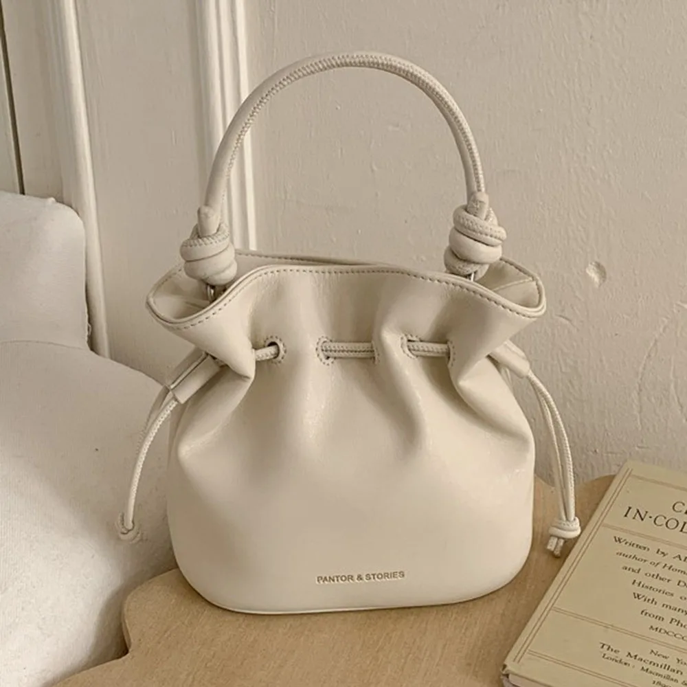 Drawstring Design Solid Color PU Leather Womens Crossbody Bag Glossy Womens Shoulder Bag Casual Style Fashion Underarm Bag