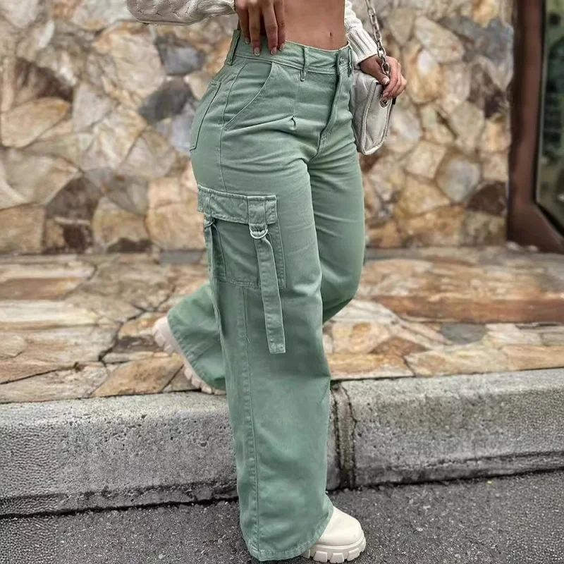 Fashion Retro Overalls Pants Multi-Pocket Casual Straight Pants High Street Women's Wide-Legged High Waisted Long Trousers
