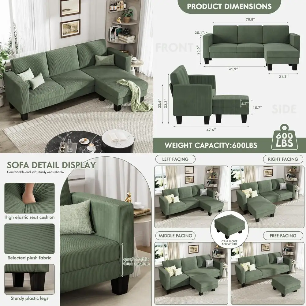 

3-seater l-shaped sectional sofa with corduroy fabric and mobile footrest for living room and apartment