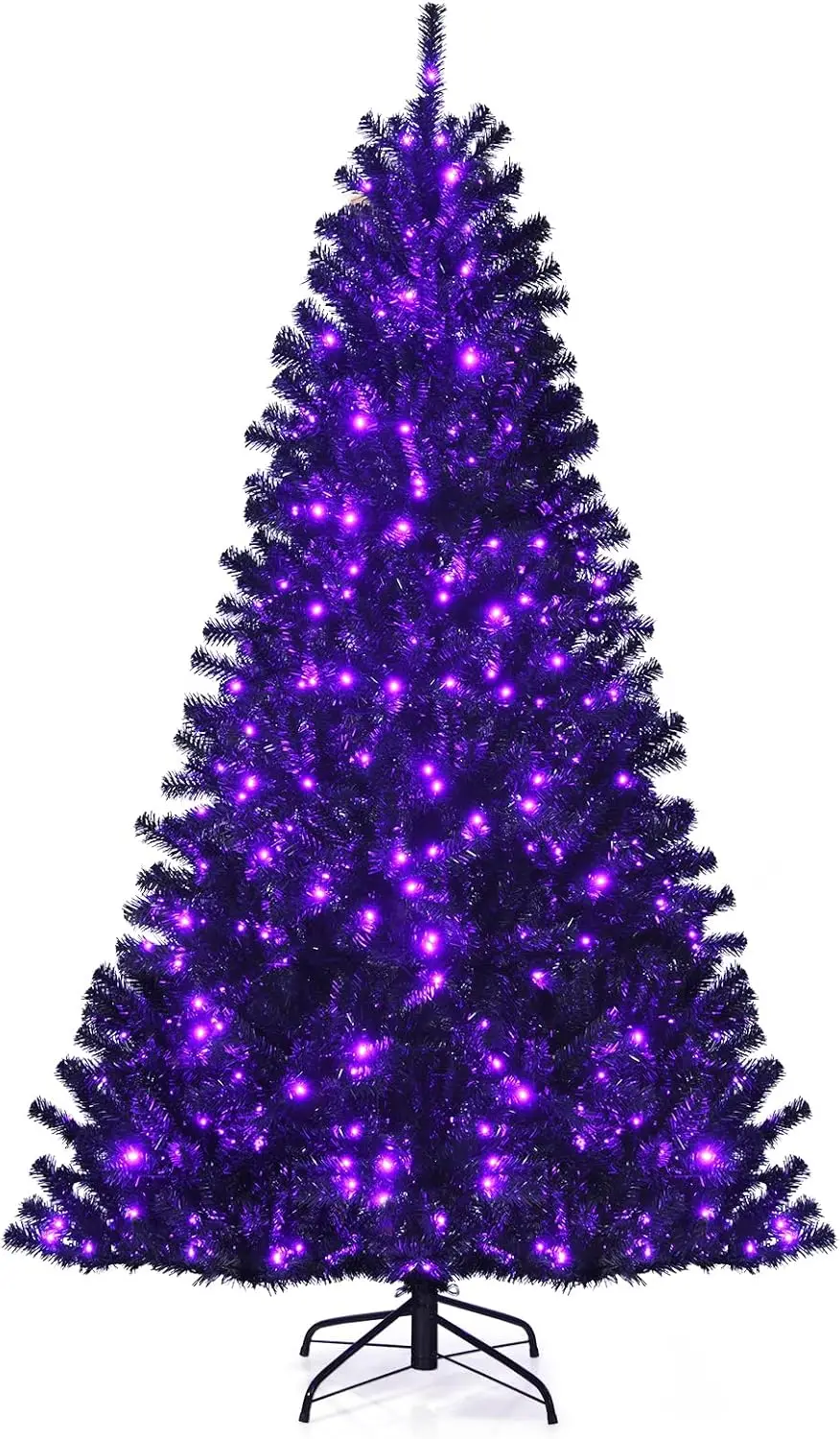 

Black Pre-lit Christmas Tree, 7FT Artificial Xmas Tree with 500 Purple LED Lights, 1096 Branch Tips, Foldable Metal Stan