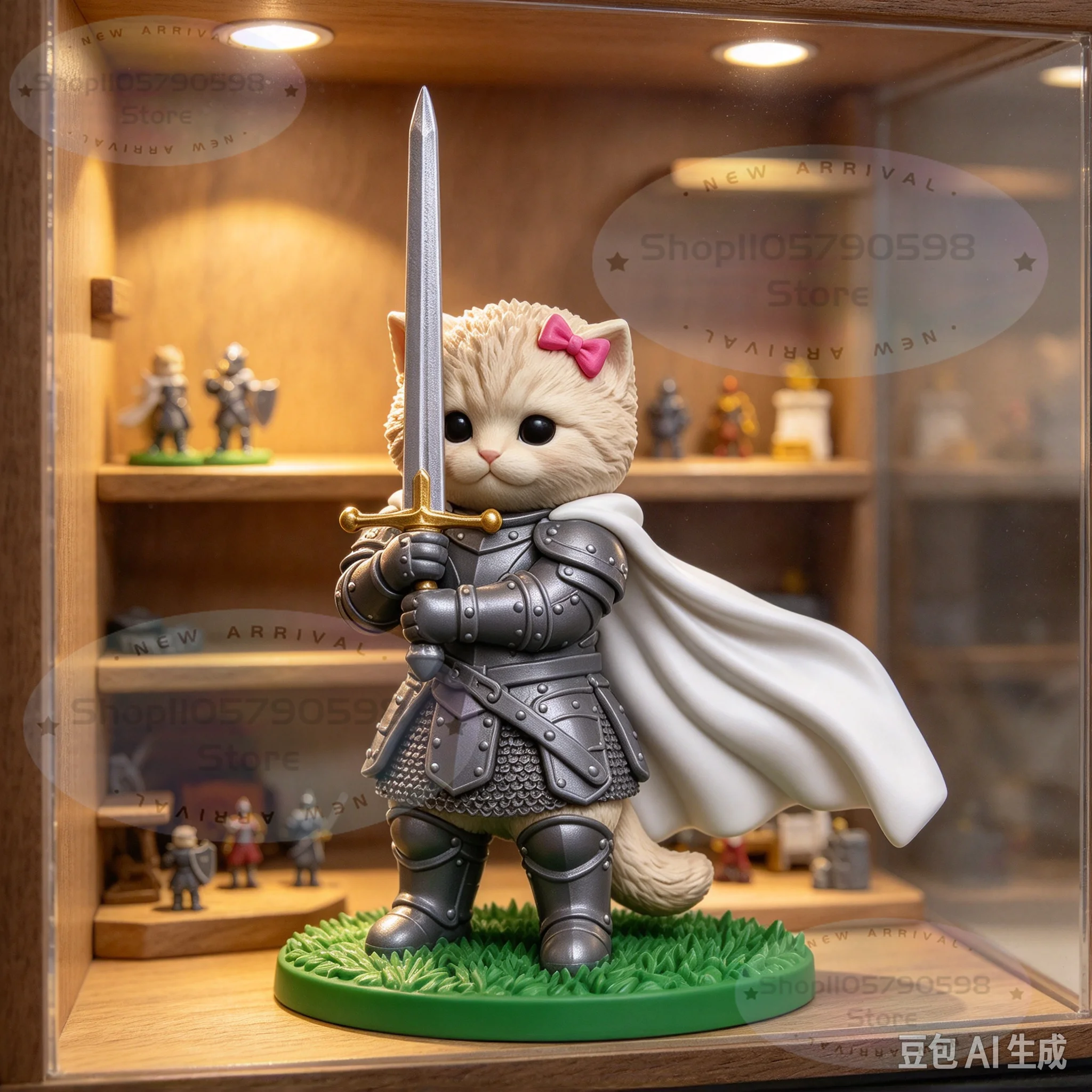 3D Printed Cute Armored Cat Knight Figurine Kitten Warrior Statue With Sword Pink Bow Cloak Fantasy Desktop Ornament Gift