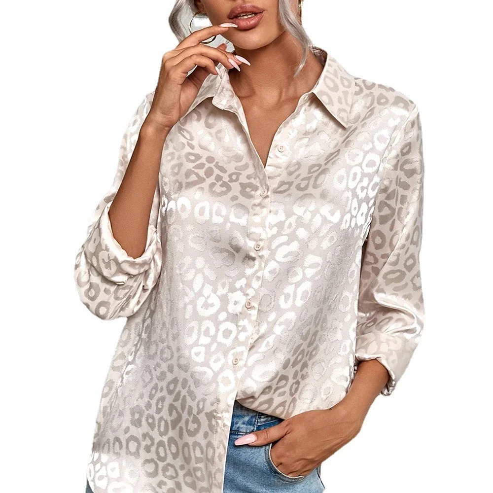 Casual Satin Long Sleeve Blouse Women Elegant Jacquard Blouses Spring Autumn Leopard Print Top Camisas Blusa Shirt Woman Clothes