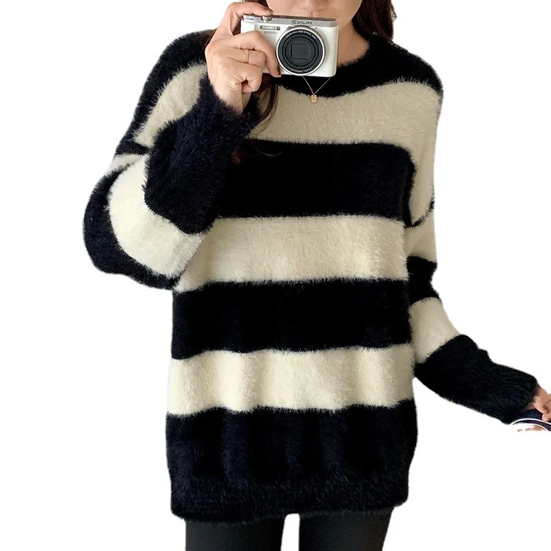 Lazy striped imitation mink velvet pullover sweater for women, retro style knitwear for women, autumn and winter