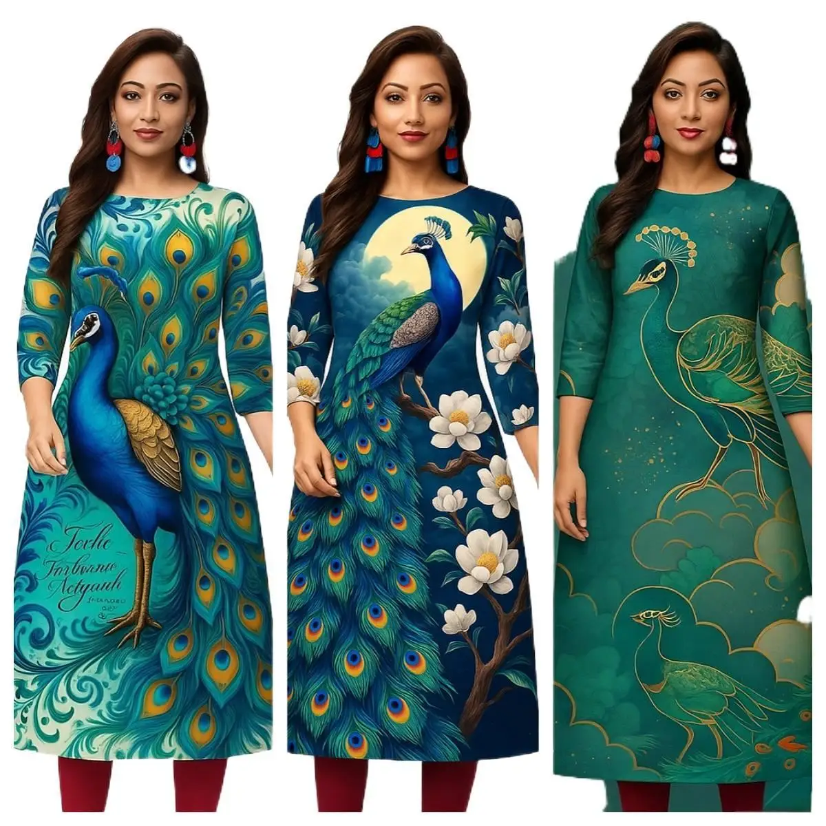 Kurt Women's Fashion Comfortable Long Sleeve Straight Casual Ethnic Round Neck Peacock Pattern New Dress.