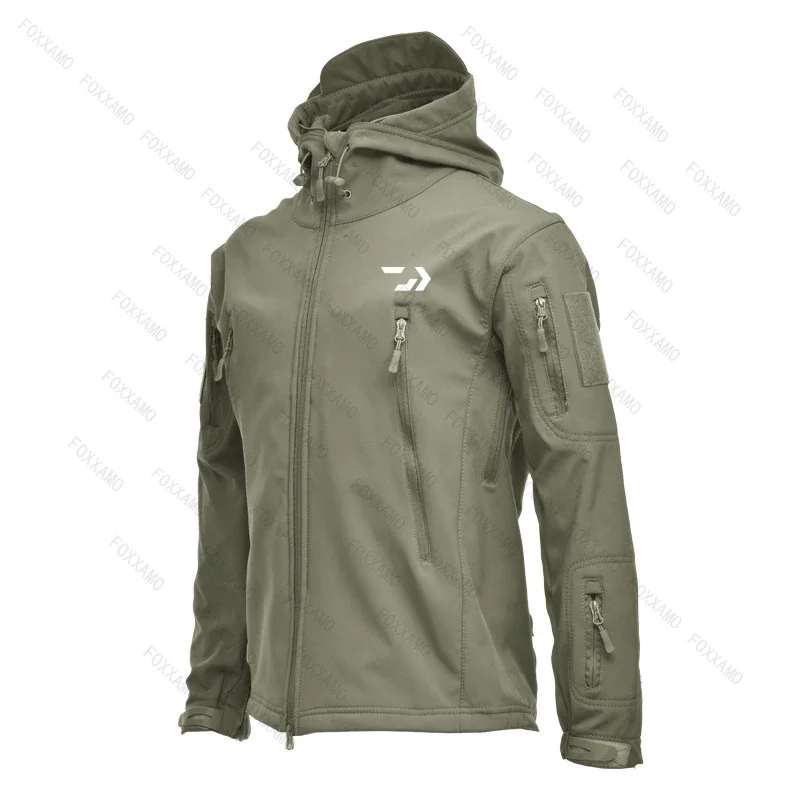 2025 New Fishing Fashionable Shark Skin Soft Shell Jacket Men's Tactical Windproof Waterproof Jacket Men's Hooded Jacket