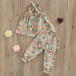 Fashion Toddler Girls Summer Outfit Clothing Sets Sleeveless Backless Floral Print Camisole + Elastic Band Floral Pants