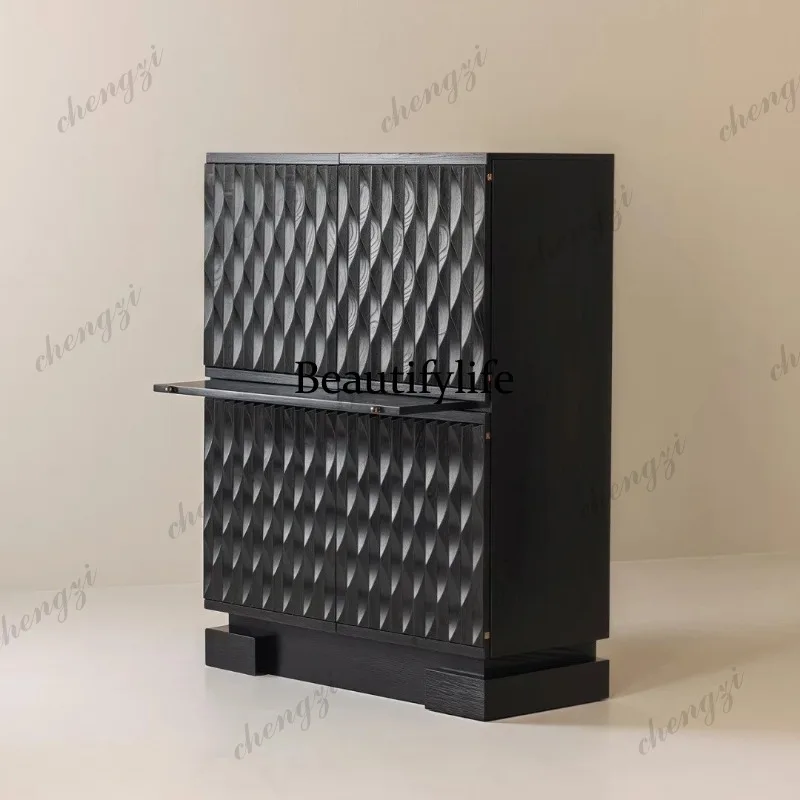 Vintage-style wave-style solid wood sideboard, light luxury living room entryway high cabinet, storage wine cabinet
