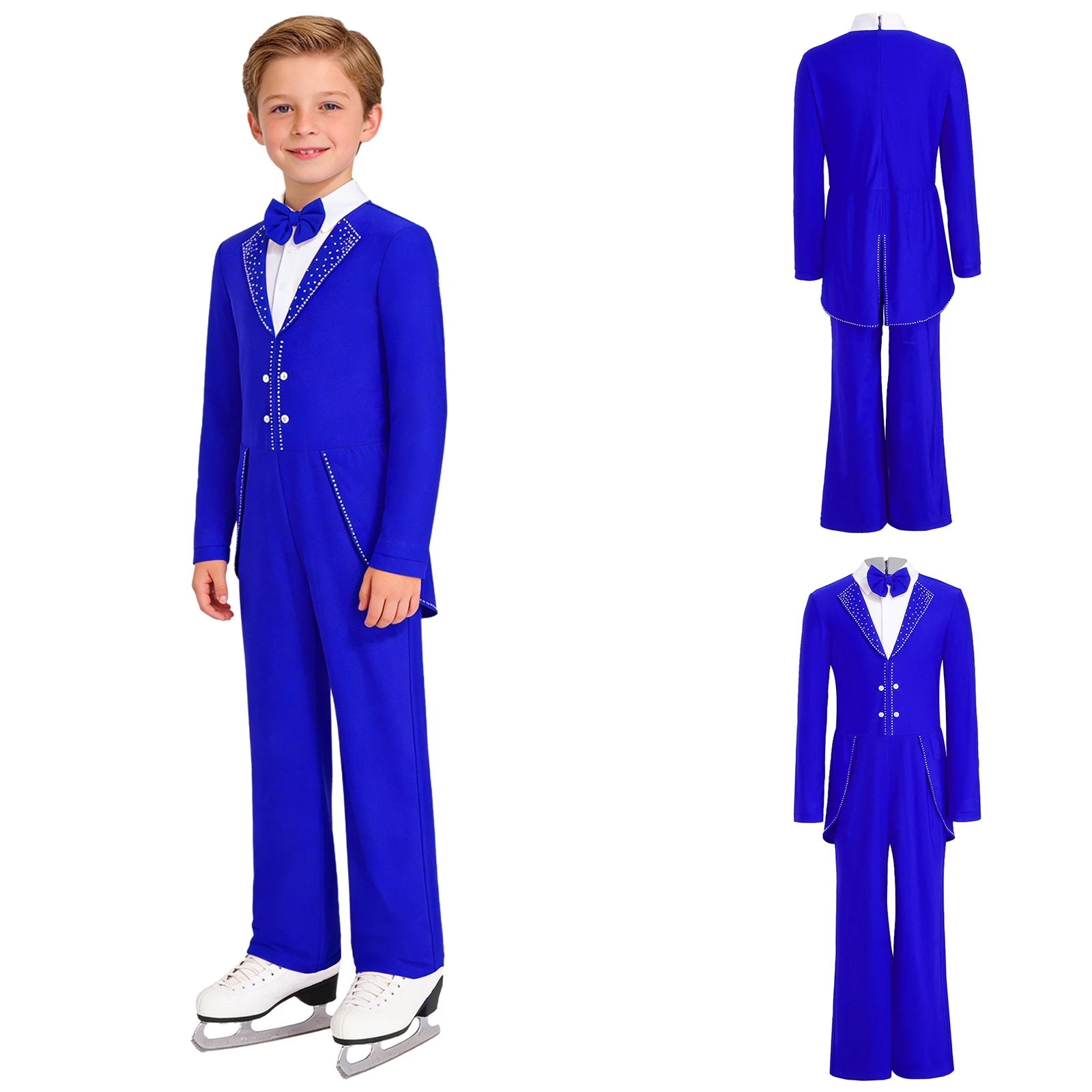 

Детский костюм для фигурного катания для мальчиков: блестящий комбинезон с стразами для балета, латины, джаза, танго, с бантом, отложным воротником и длинными рукавами