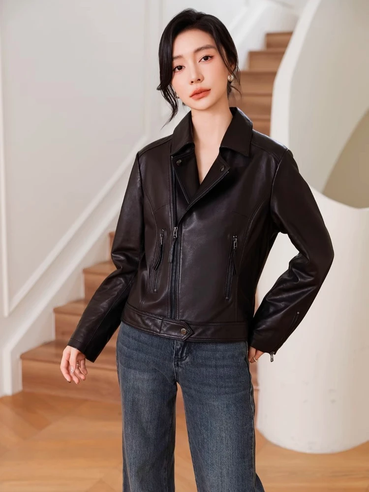 Slim Short Genuine Leather Motorcycle Jackets for Women Spring Autumn 2025 New High-end Simple Soft Black Real Sheepskin Coat