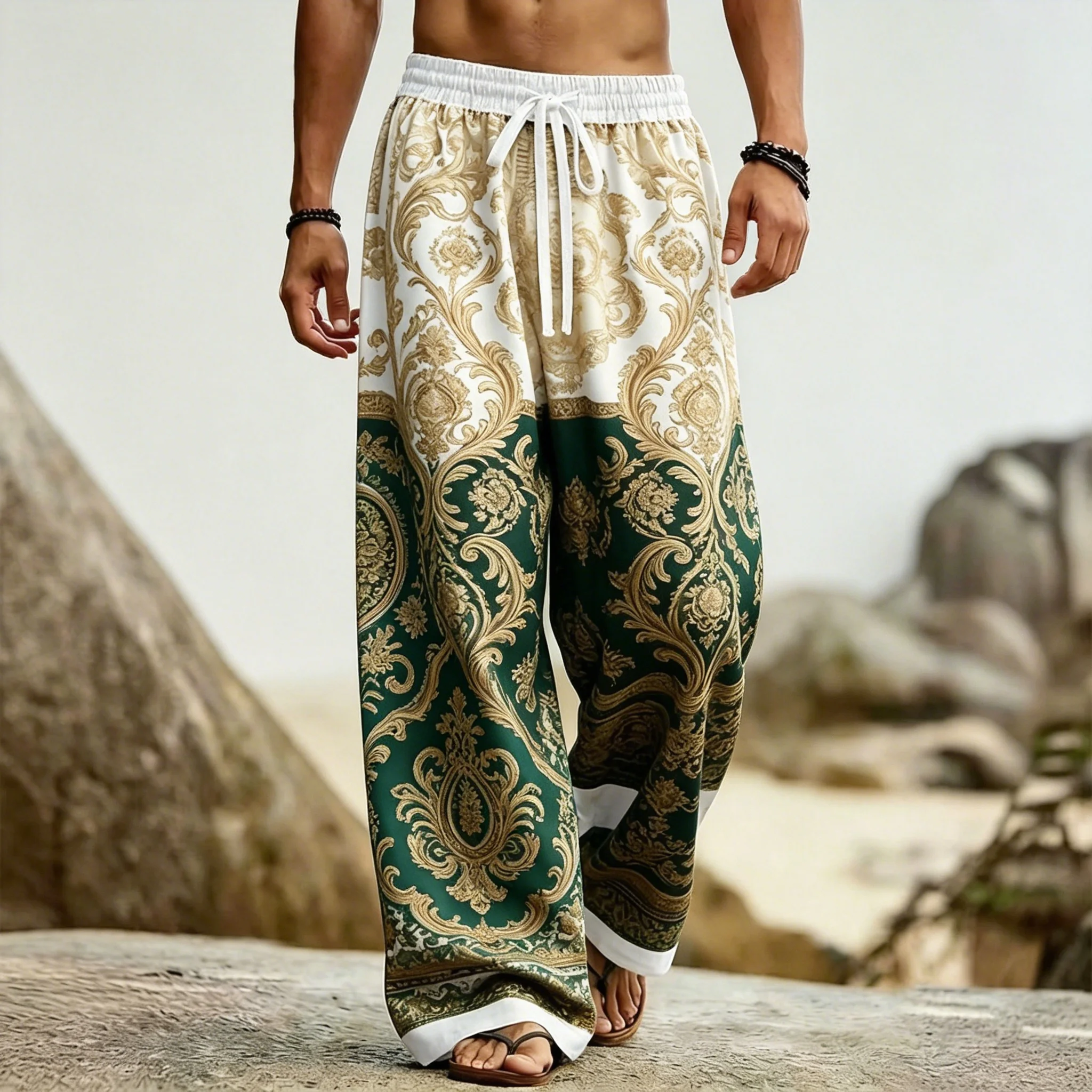 Men's Baroque Ornate Floral Print Drawstring Wide Leg Pants, Casual Loose Trousers For Spring Summer Beach & Daily Wear