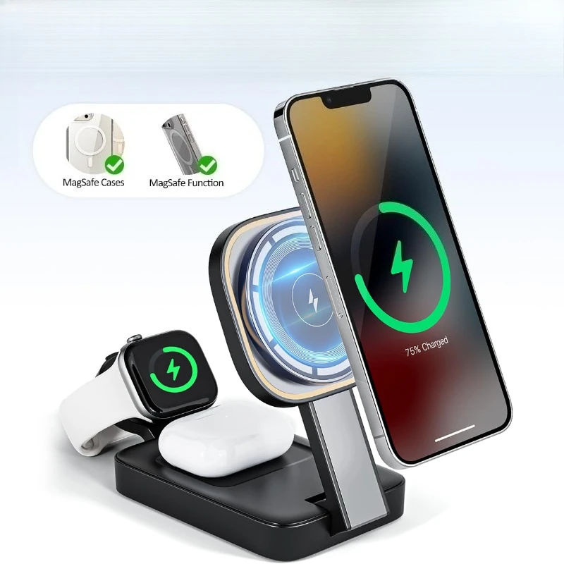Magnetic Cell Phone Wireless Charger Station 3 in 1 Wireless Fast Charger Dock Stand for iPhone 17 16 for iWatch AirPods Pro