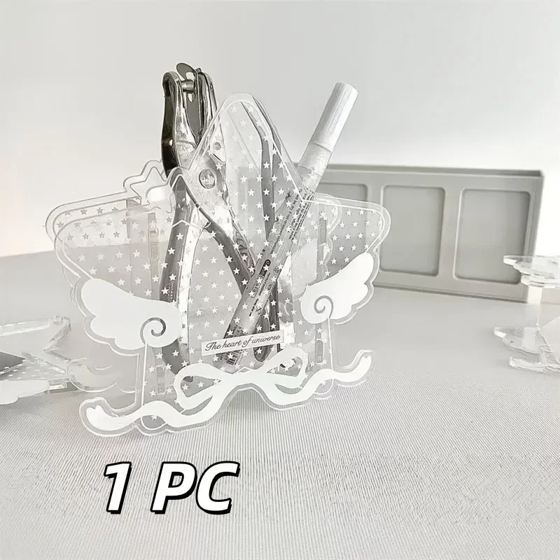 1pc Angel Star Bow Acrylic Pen Holder, Clear Ins Style Large Capacity Storage, Full Print Starlight Wing Ribbon Design