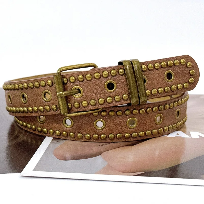 

Винтажный женский ремень с заклепками и пряжкой, модный универсальный золотой готический стиль, аксессуары для одежды, классический повседневный ремень