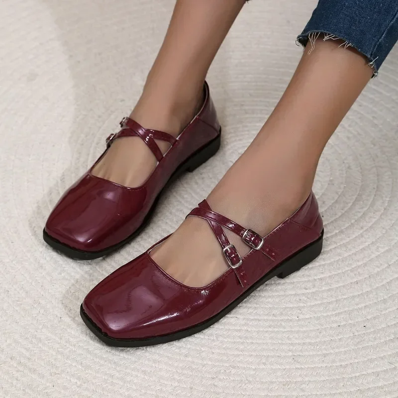 Chaussures de ballet rétro à talons plats pour femmes, Parker carré, sangle croisée, Mary Essence, chaussures simples rouges, nouveau, 202